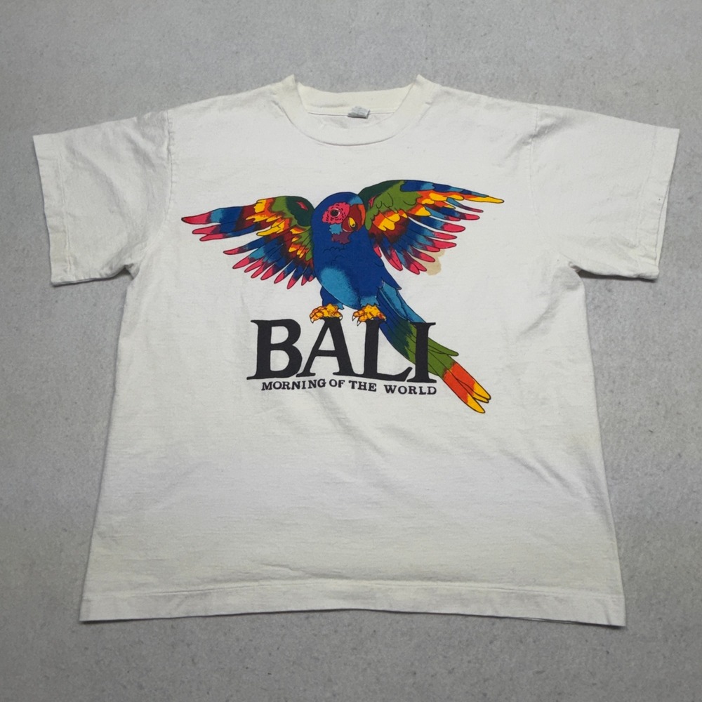 Vintage 90s Bali Morning of the World Parrot Graphic T-Shirt White Large Boxy